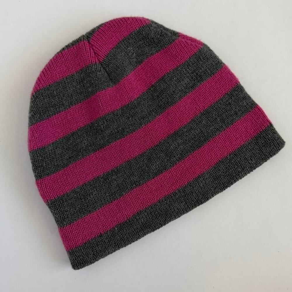 Grey & Pink Striped Beanie